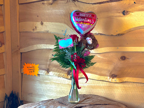 Deluxe bud vase with (rose,stuffed animal and ballon)